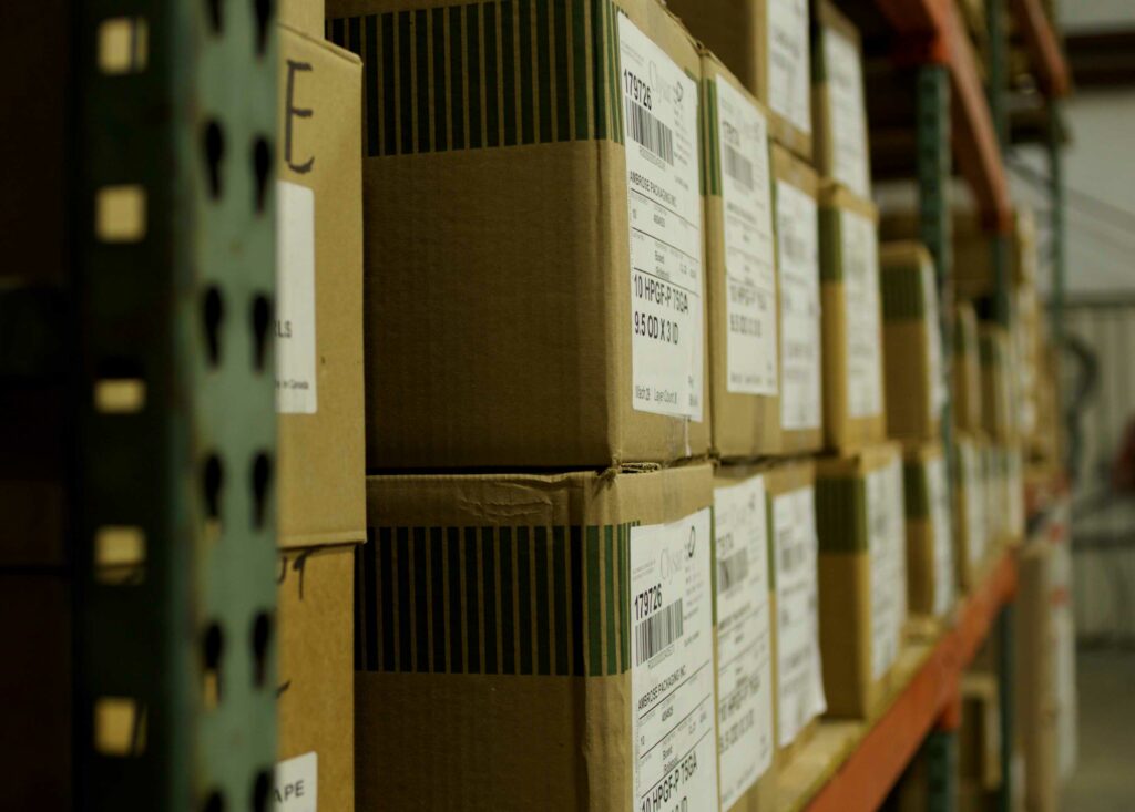 boxes on a storage rack